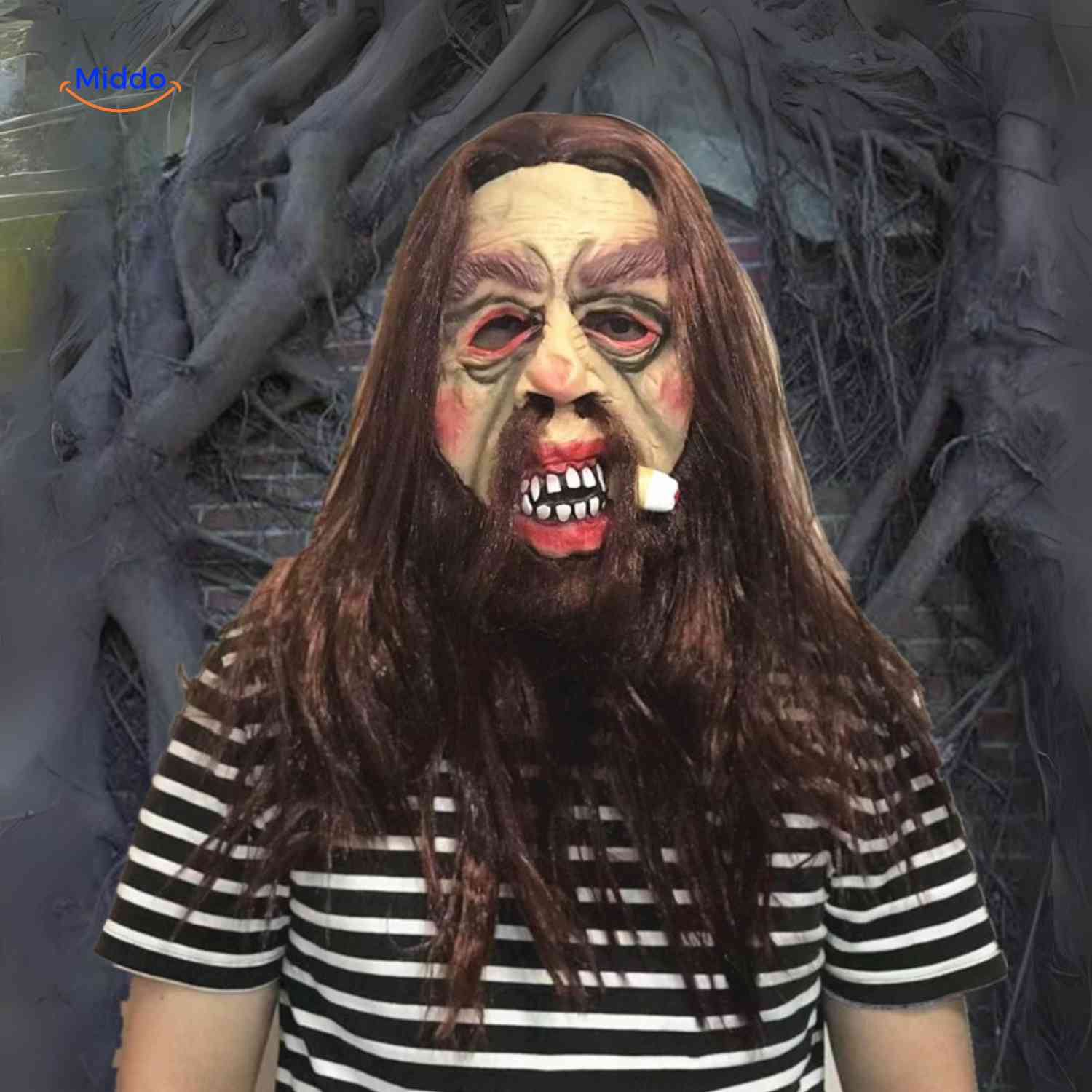 phantomix masker verwaarloosde houthakker look met capsule in mond www.middo.nl