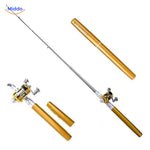 Gouden PocketPro hengel set met reel, ideaal voor compacte visserij.