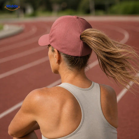 Vrouw met donkerblond haar draagt tijdens het hardlopen een rozerode Ponylite pet