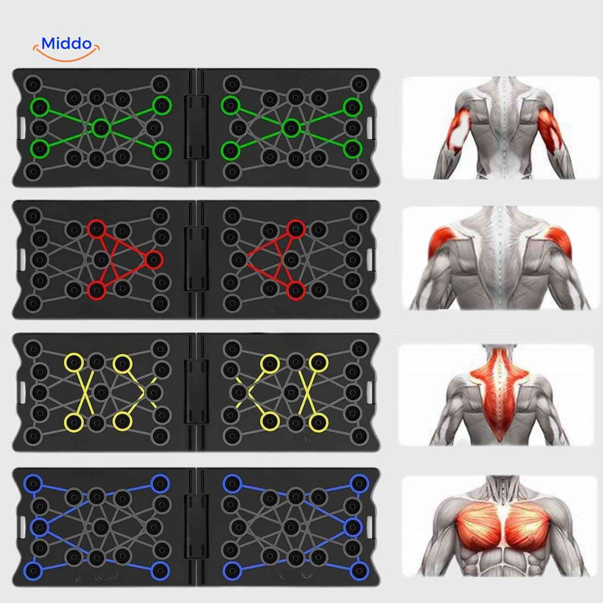 powerfit push up board kleuren voor spiergroepen www.middo.nl