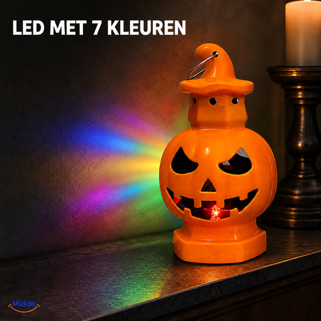 PumpkinGlow™ halloweenpompoenlantaarn met heksenhoed en ledlicht in 7 kleuren