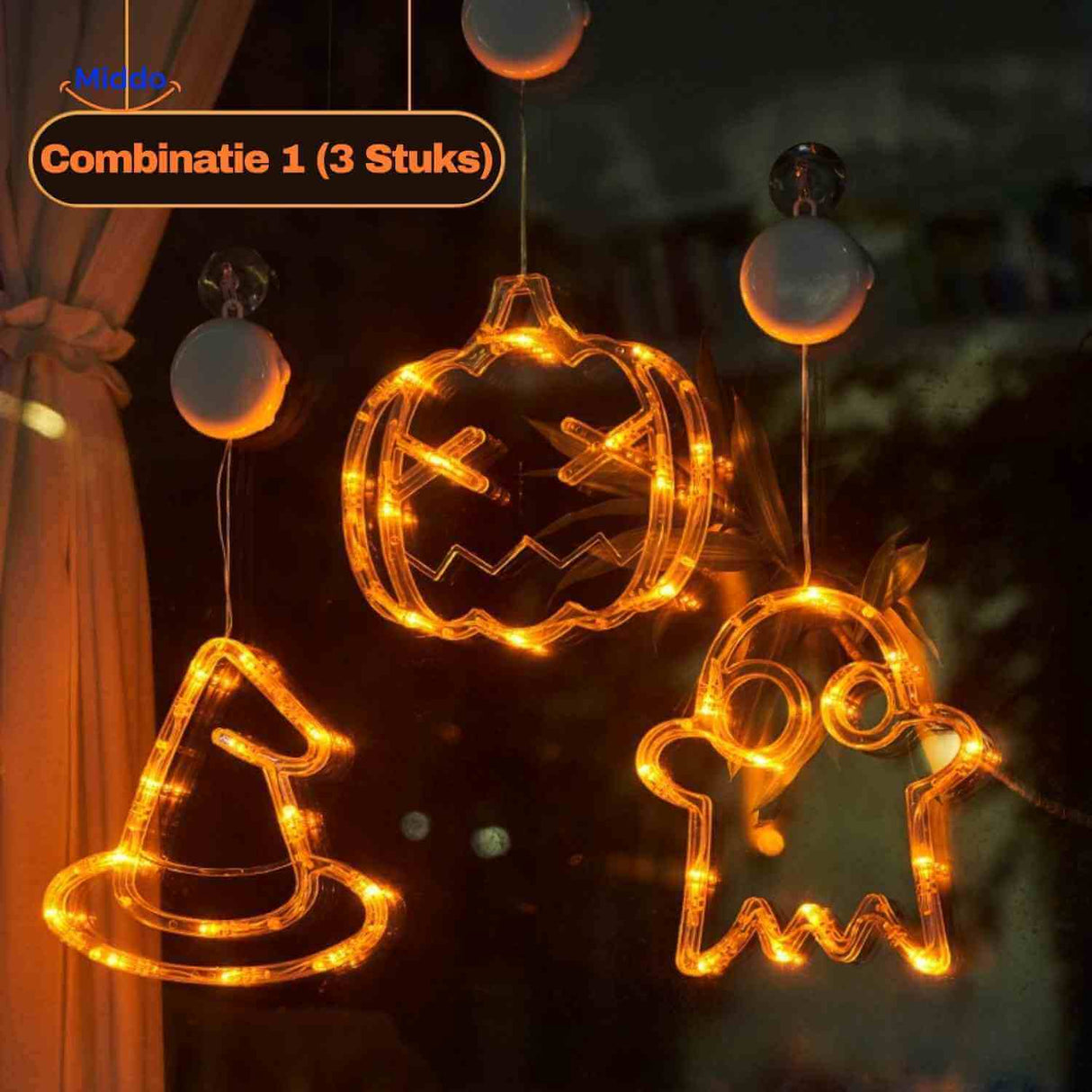 pumpkoglow lamp halloween lichtsnoer raamdecoratie pompoen heksenhoed spookje www.middo.nl