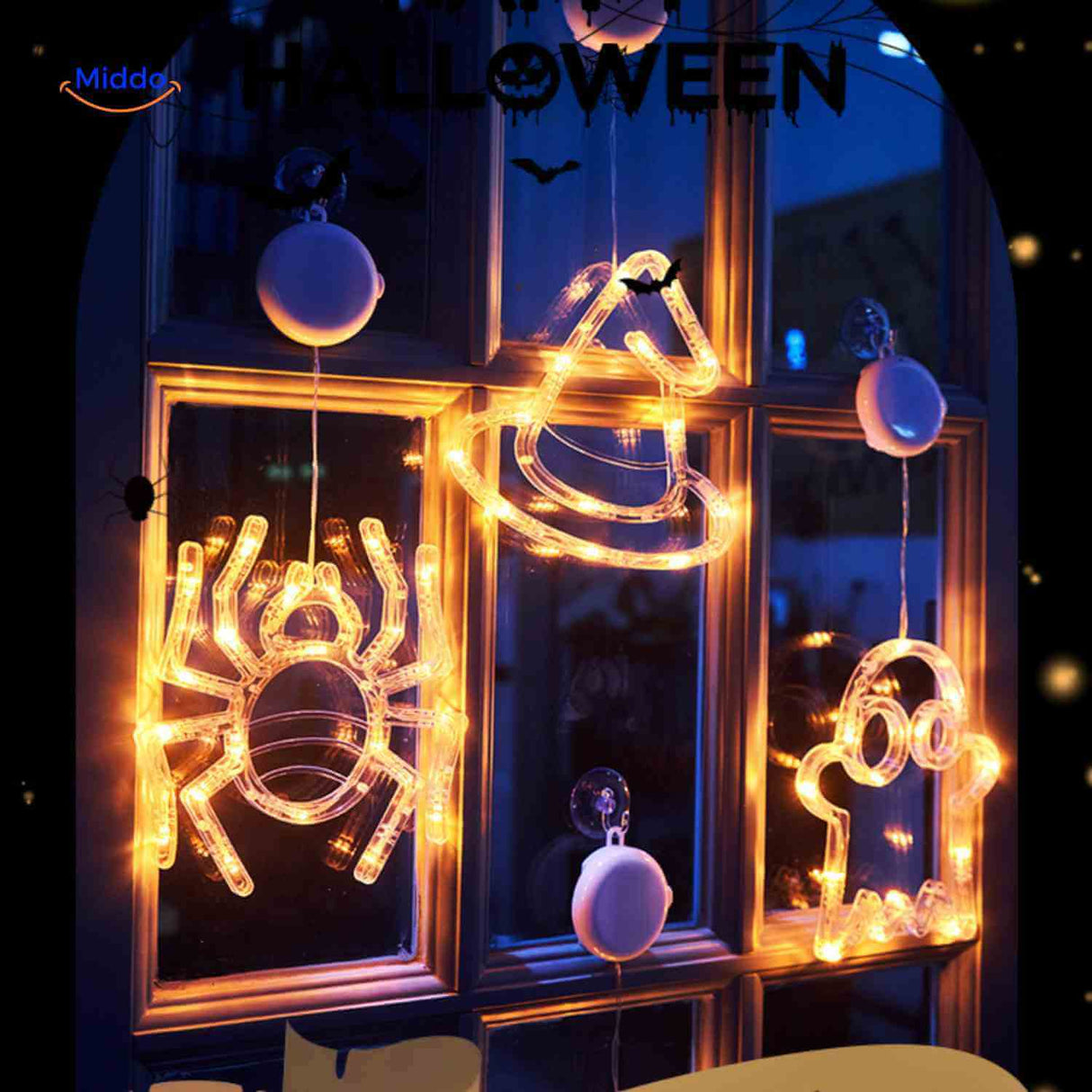 pumpkoglow lamp halloween lichtsnoer raamdecoratie spin heksenhoed spookje www.middo.nl