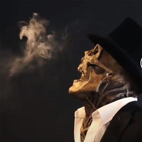 Zijaanzicht van realistisch skeletmasker met beweegbare kaak en hoge zwarte hoed tijdens Halloween
