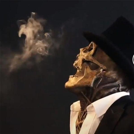 Zijaanzicht van realistisch skeletmasker met beweegbare kaak en hoge zwarte hoed tijdens Halloween
