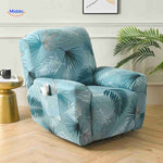 reclinex bankhoes blauw met tropische bladeren relaxfauteuil stretchhoes www.middo.nl