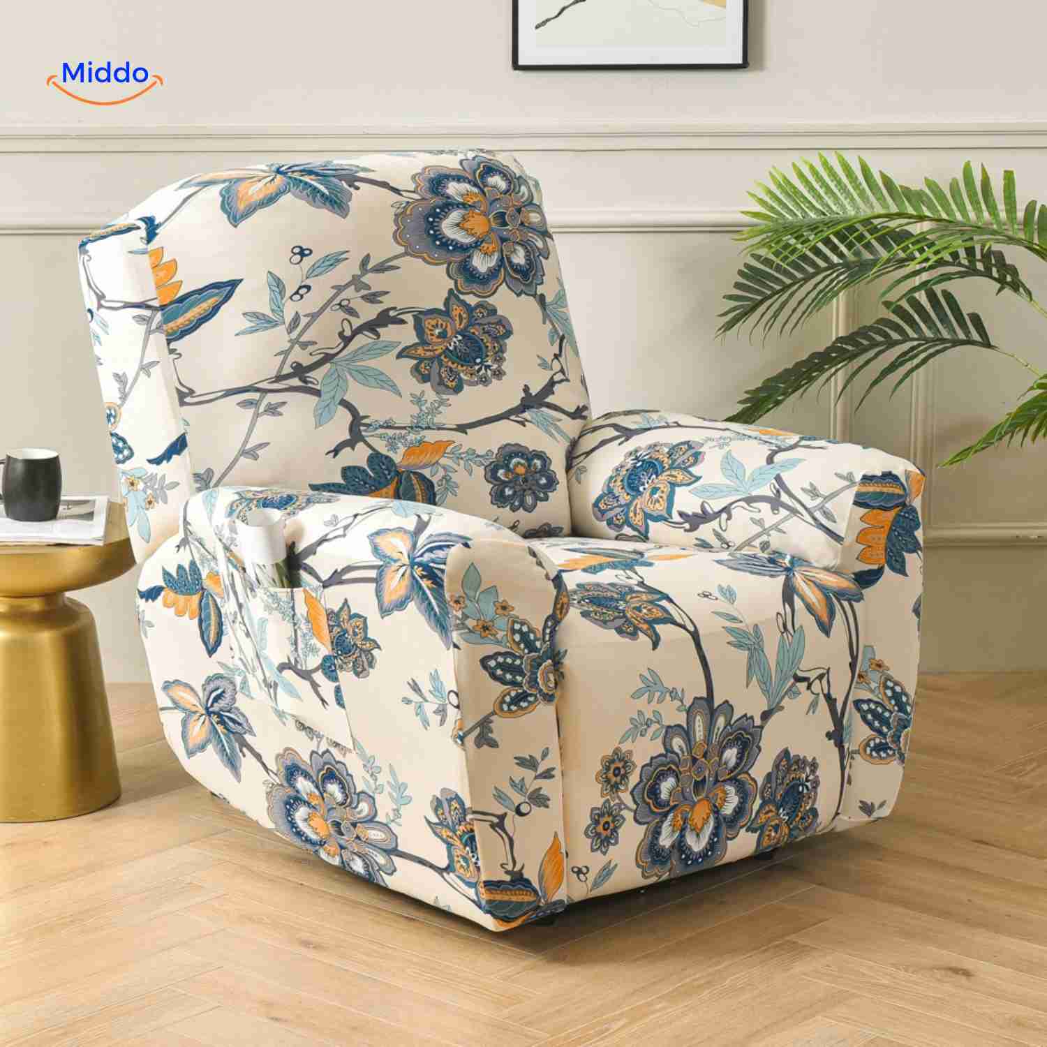 reclinex bankhoes bloemenprint op creme stijlvolle stretchfauteuilhoes www.middo.nl