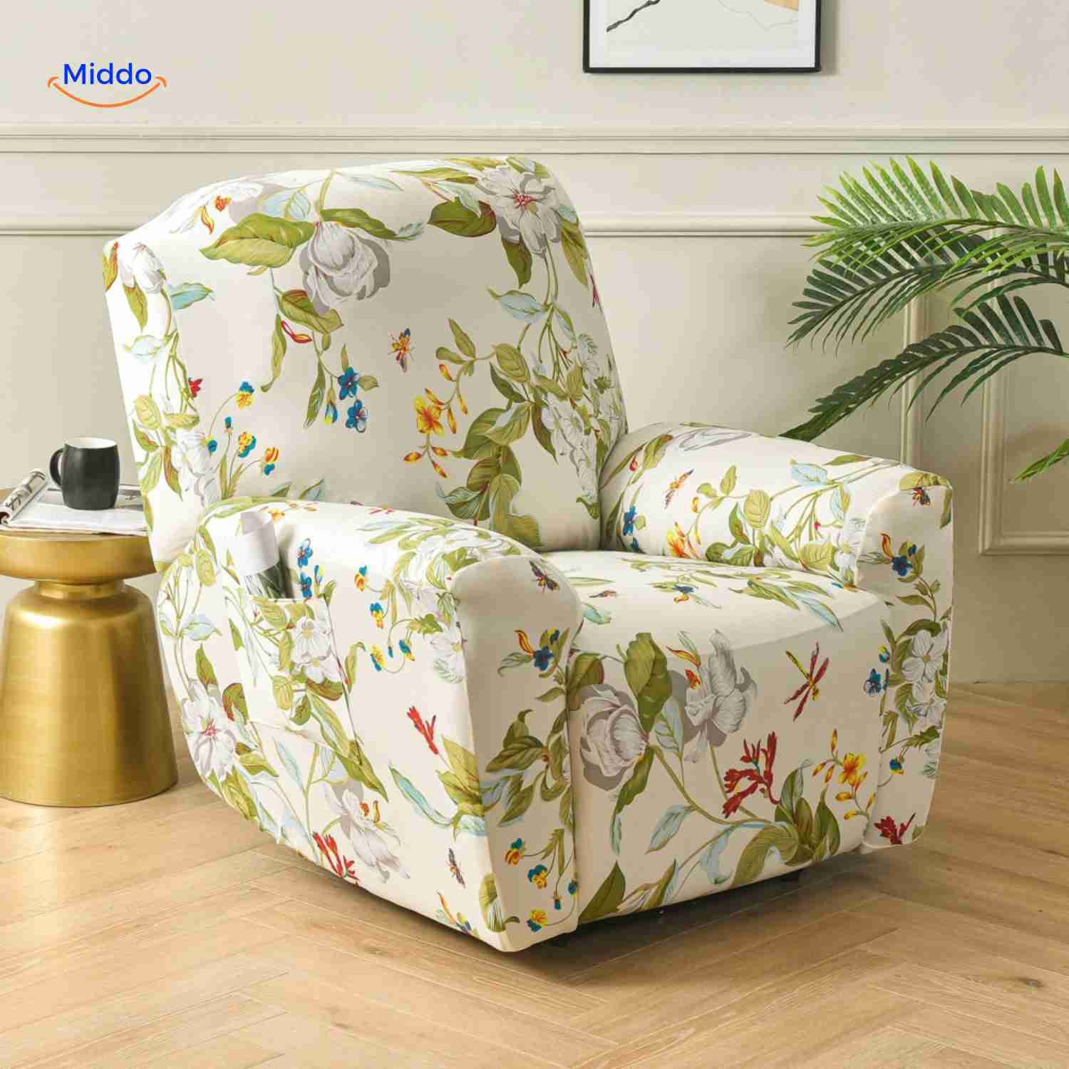 reclinex bankhoes bloemmotief op licht creme achtergrond stretchfauteuilhoes www.middo.nl