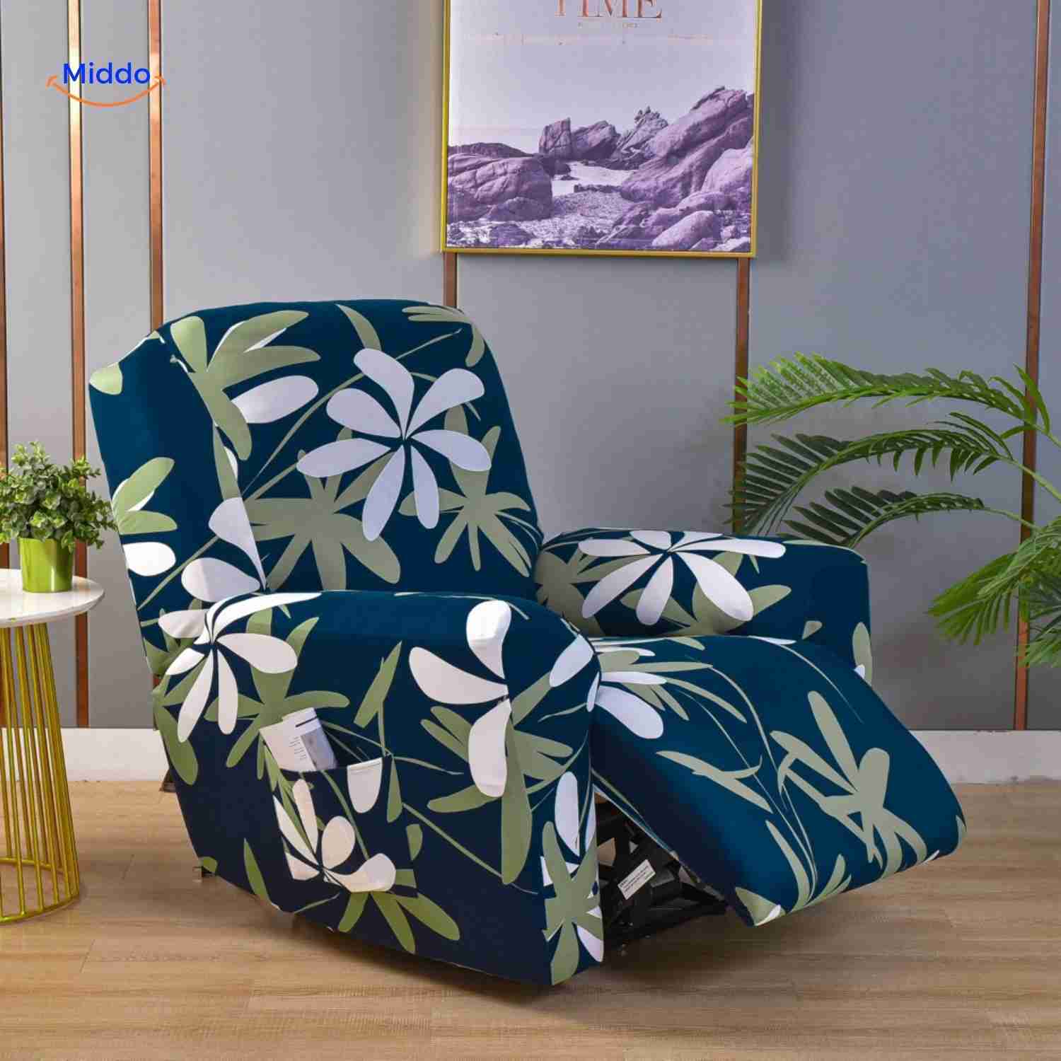 reclinex bankhoes donkerblauw met wit en groen bladmotief voor relaxstoel www.middo.nl