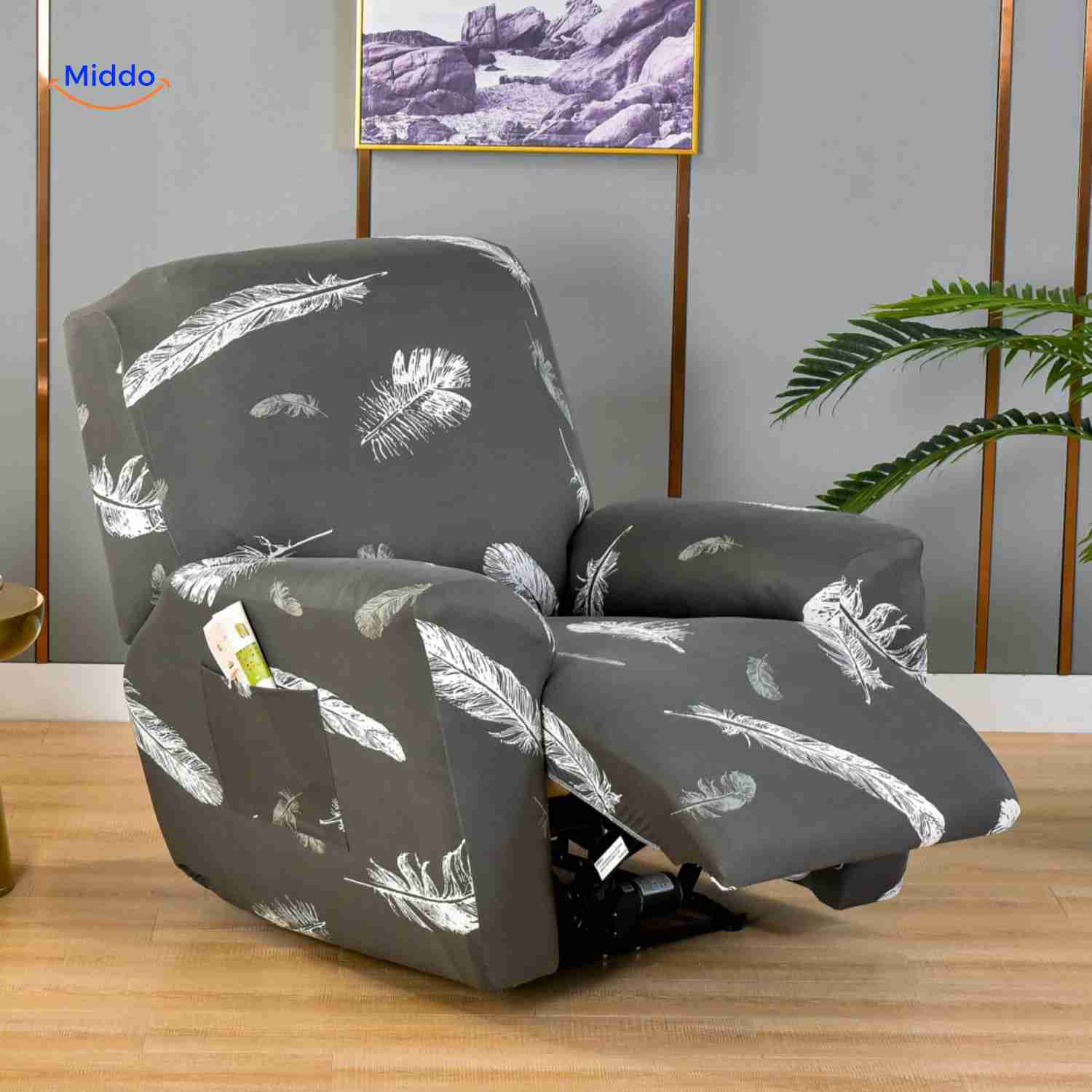 reclinex bankhoes donkergrijze hoes met witte veren motief voor relaxstoel www.middo.nl