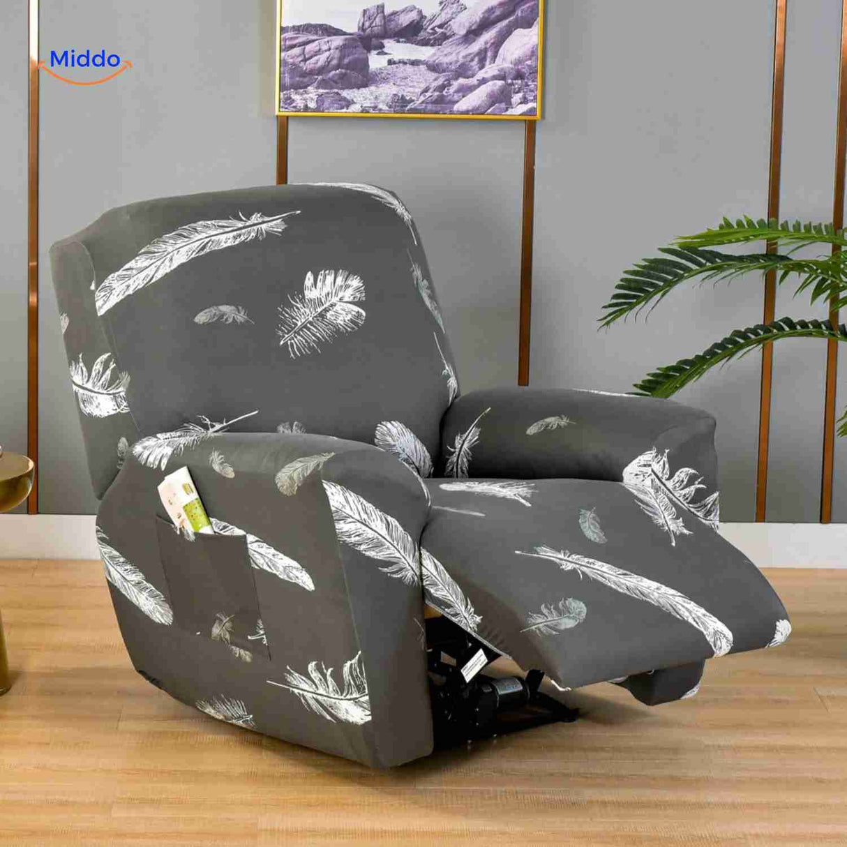 reclinex bankhoes donkergrijze hoes met witte veren motief voor relaxstoel www.middo.nl