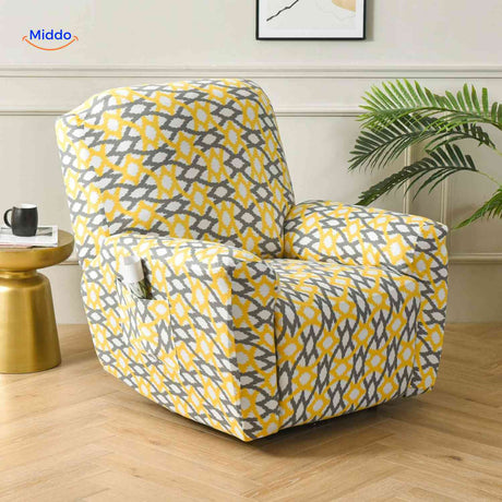 reclinex bankhoes gele en grijze aztec stijl print stretchhoes relaxstoel www.middo.nl