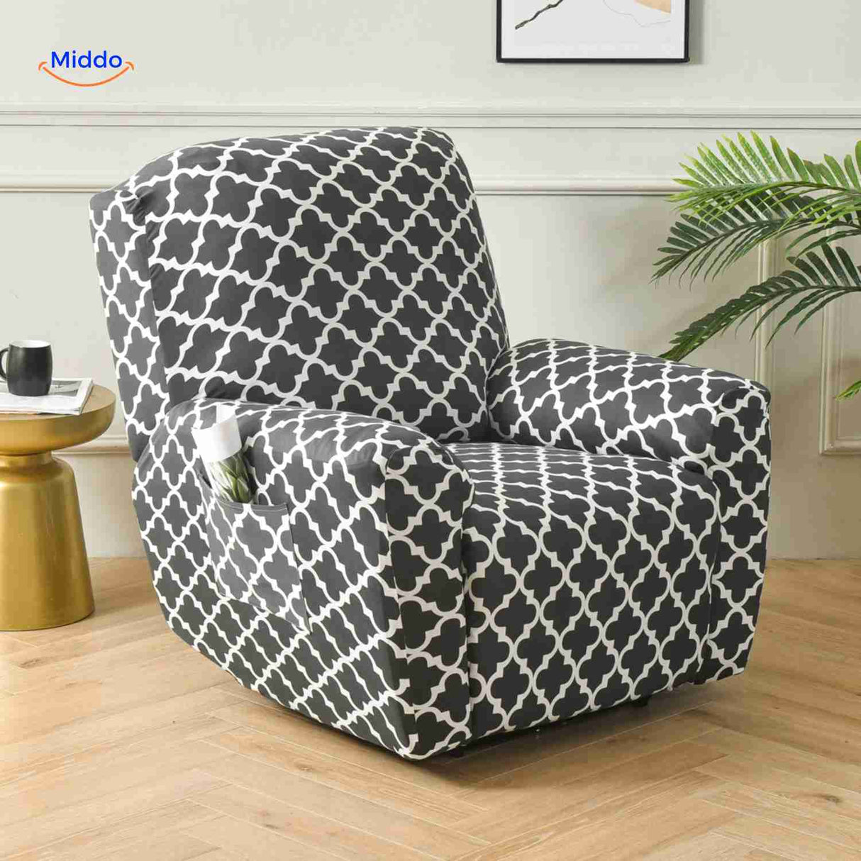 reclinex bankhoes klassiek zwart wit marokkaans patroon stretchfauteuilhoes www.middo.nl