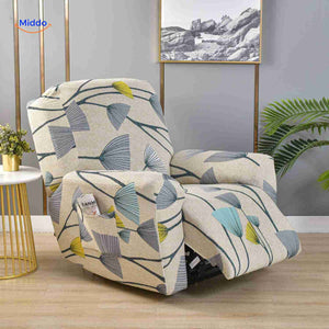 reclinex bankhoes lichtbeige met blauwe en gele ginkgo bladeren www.middo.nl