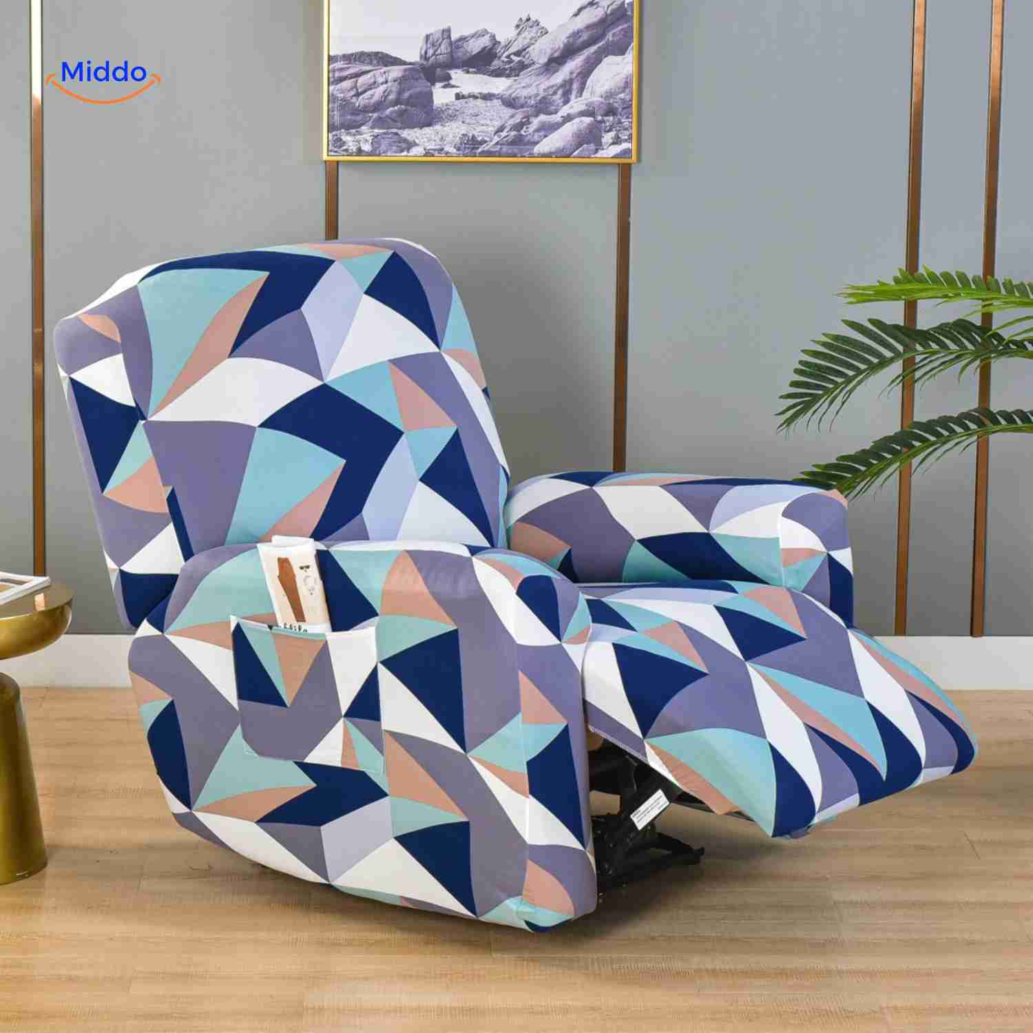 reclinex bankhoes vierkant patroon in blauw en paars geometrisch design www.middo.nl