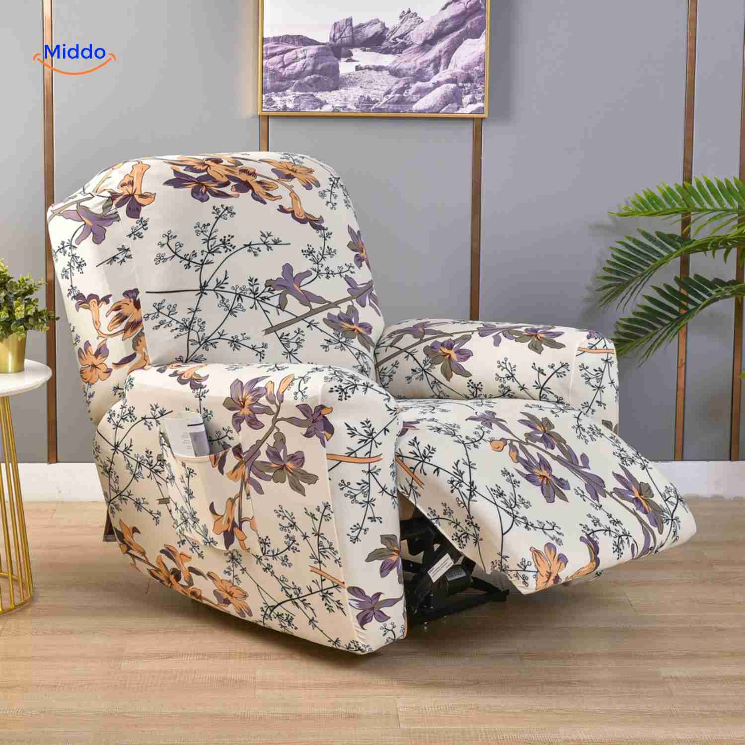 reclinex bankhoes wit met paars en oranje bloemen elegant stretchhoes www.middo.nl