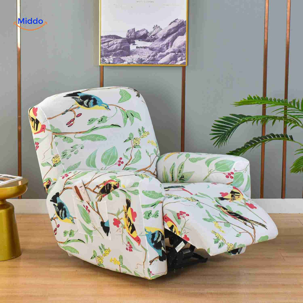 reclinex bankhoes wit met vogels en bladeren natuurlijke print www.middo.nl