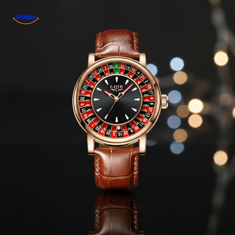 roulettix horloge rosegoud leren band www.middo.nl