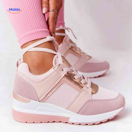 roze casual sneakers met mesh bovenwerk en vetersluiting zijaanzicht www.middo.nl