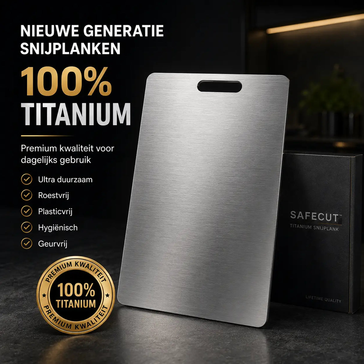 Premium SafeCut™ 100% titanium snijplank van Middo met roestvrij en geurvrij snijoppervlak
