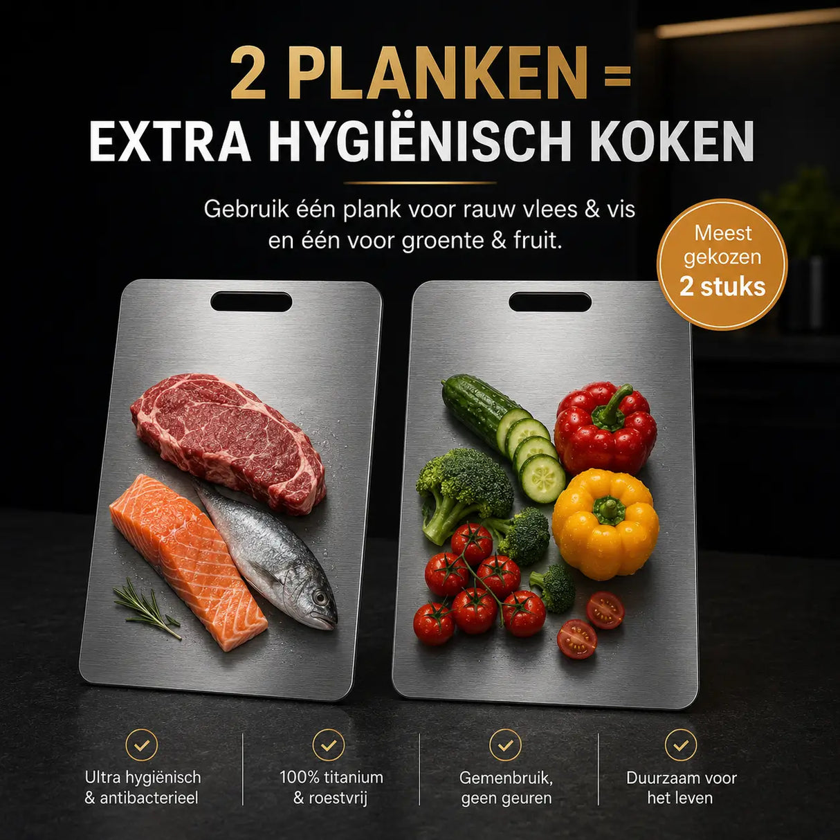 SafeCut™ titanium snijplank van Middo als 2 stuks bundel voor apart snijden van vlees, vis, groente en fruit