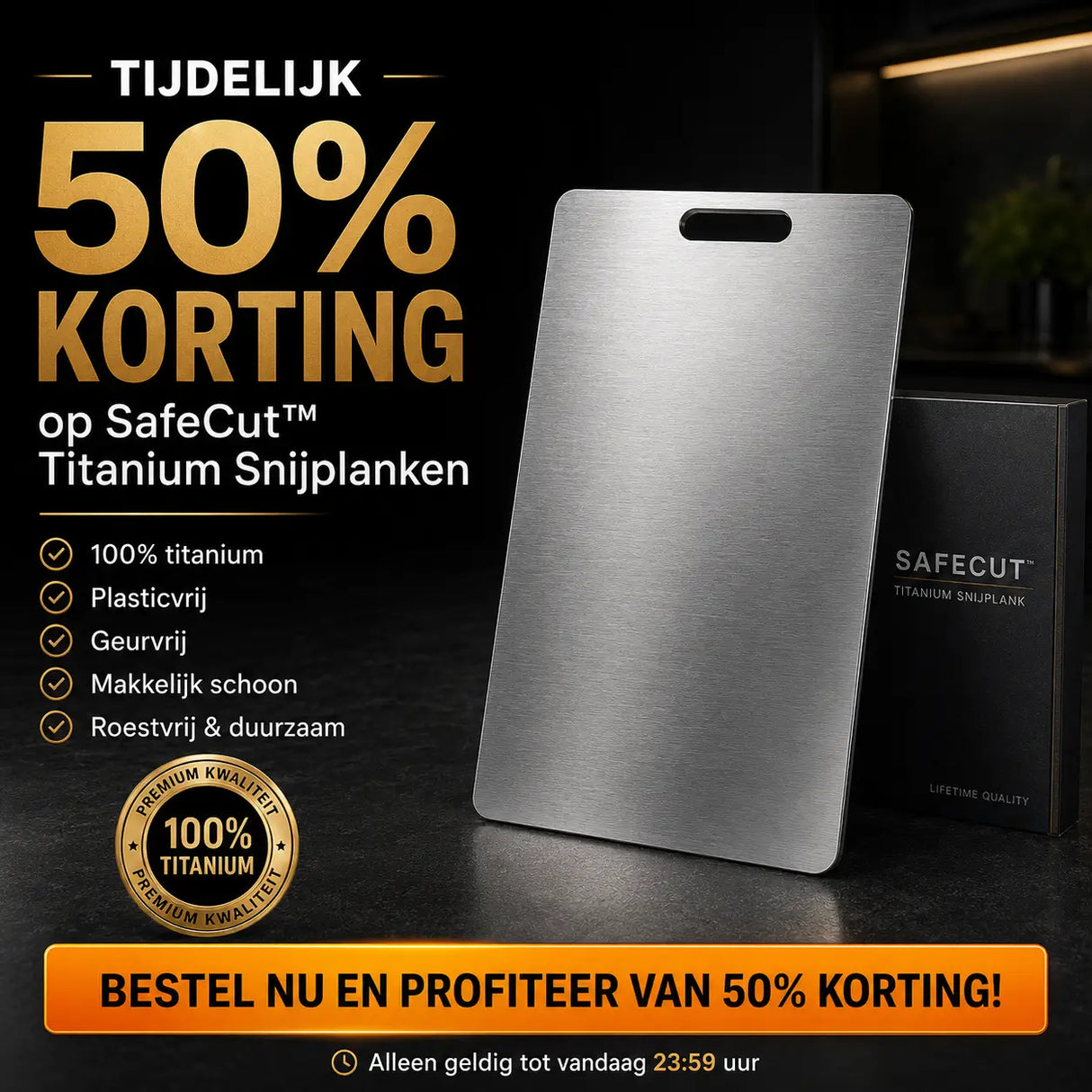 SafeCut™ titanium snijplank van Middo met tijdelijke 50 procent korting aanbieding op 100% titanium snijplanken