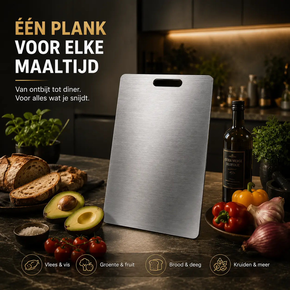 SafeCut™ titanium snijplank van Middo voor dagelijks gebruik met groente, fruit, brood, kruiden, vlees en vis