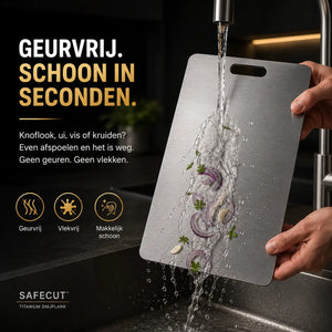 SafeCut™ titanium snijplank van Middo wordt afgespoeld onder de kraan en is geurvrij en makkelijk schoon te maken