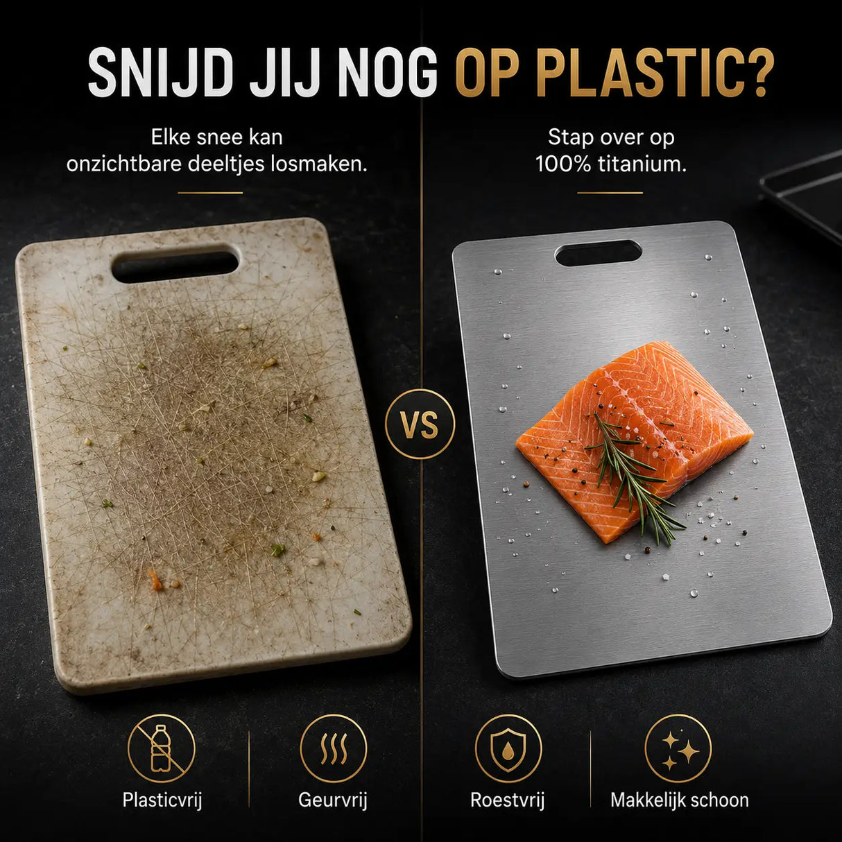 SafeCut™ titanium snijplank van Middo als plasticvrij alternatief voor een versleten plastic snijplank