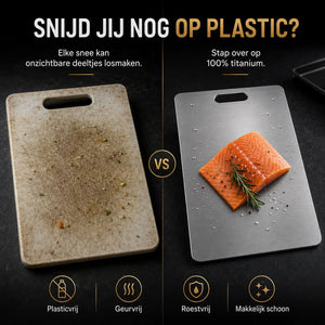 SafeCut™ titanium snijplank van Middo als plasticvrij alternatief voor een versleten plastic snijplank