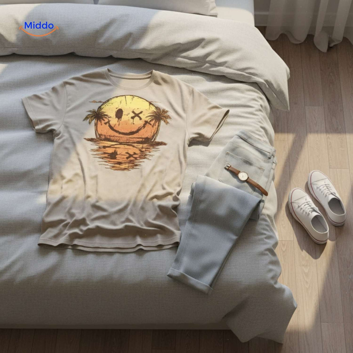 smileywave tshirt beige met opdruk plat op bed www.middo.nl