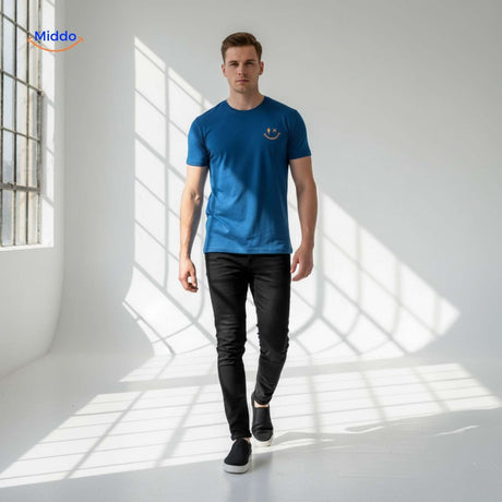 smileywave tshirt blauw stijlvolle outfit met jeans www.middo.nl