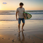 smileywave tshirt man met surfplank op strand www.middo.nl