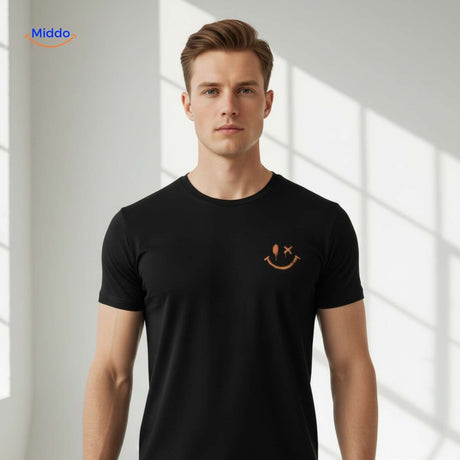 smileywave tshirt zwart closeup met smileywave logo www.middo.nl