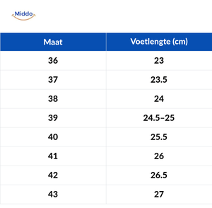 Snowboots maattabel EU 36–43 en voetlengte in cm