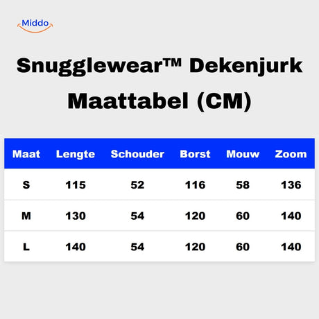 snugglewear dekenjurk maattabel s m l cm informatie www.middo.nl