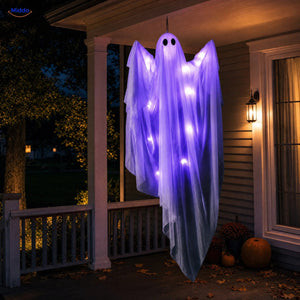 SpookGlow™ met paarse lichtslinger, hangend Halloween-spook van ca. 119 cm, binnenshuis opgesteld