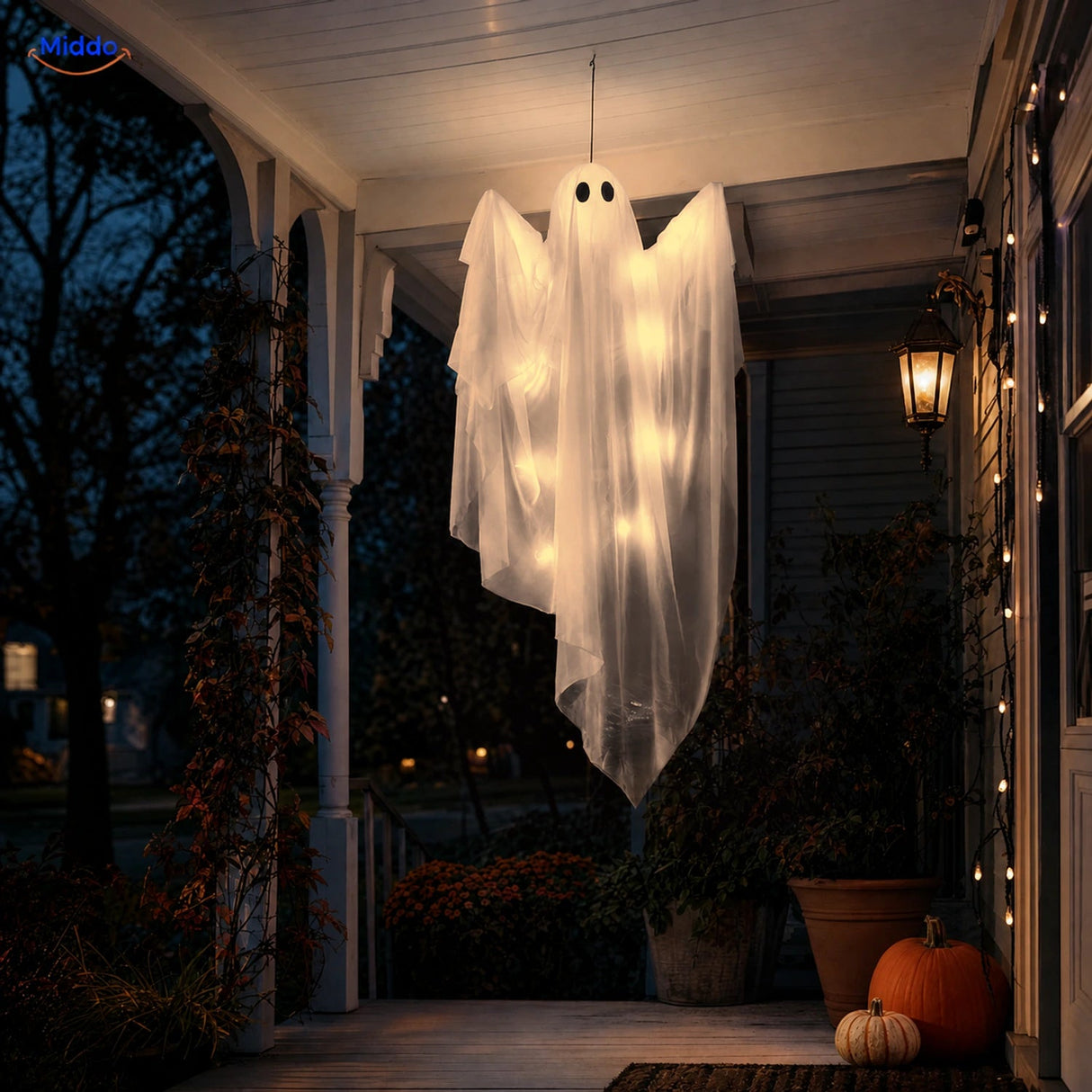 SpookGlow™ met warmwitte lichtslinger, hangende Halloween-spookvariant