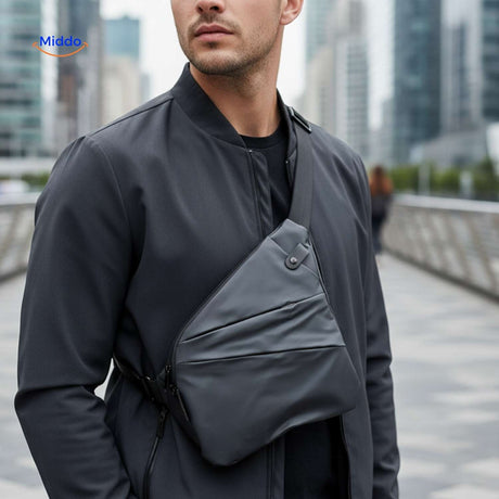 stratos borsttas unisex slingbag antraciet stadsoutfit www.middo.nl