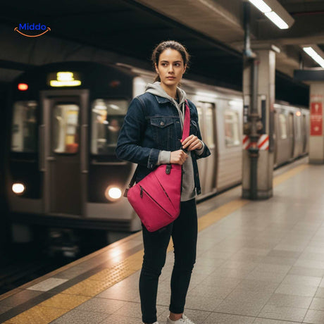 stratos borsttas vrouw met roze tas op bank aan waterkant www.middo.nl