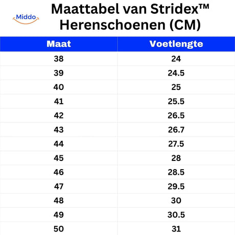 stridex heren schoenen maattabel in cm met voetlengte overzicht maat 38 tot 50 www.middo.nl