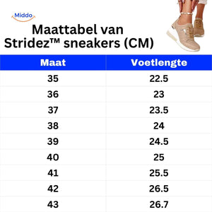 stridez sneakers maattabel in cm eu maten 35 tot 43 voetlengte gids www.middo.nl