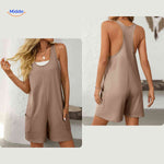 summiva jumpsuit bruin casual romper met ronde hals en brede schouderbanden www.middo.nl