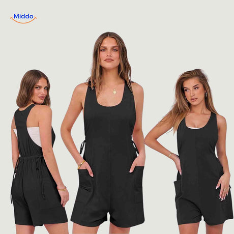 summiva jumpsuit donkergrijs zomers model met strikdetails en zakken www.middo.nl