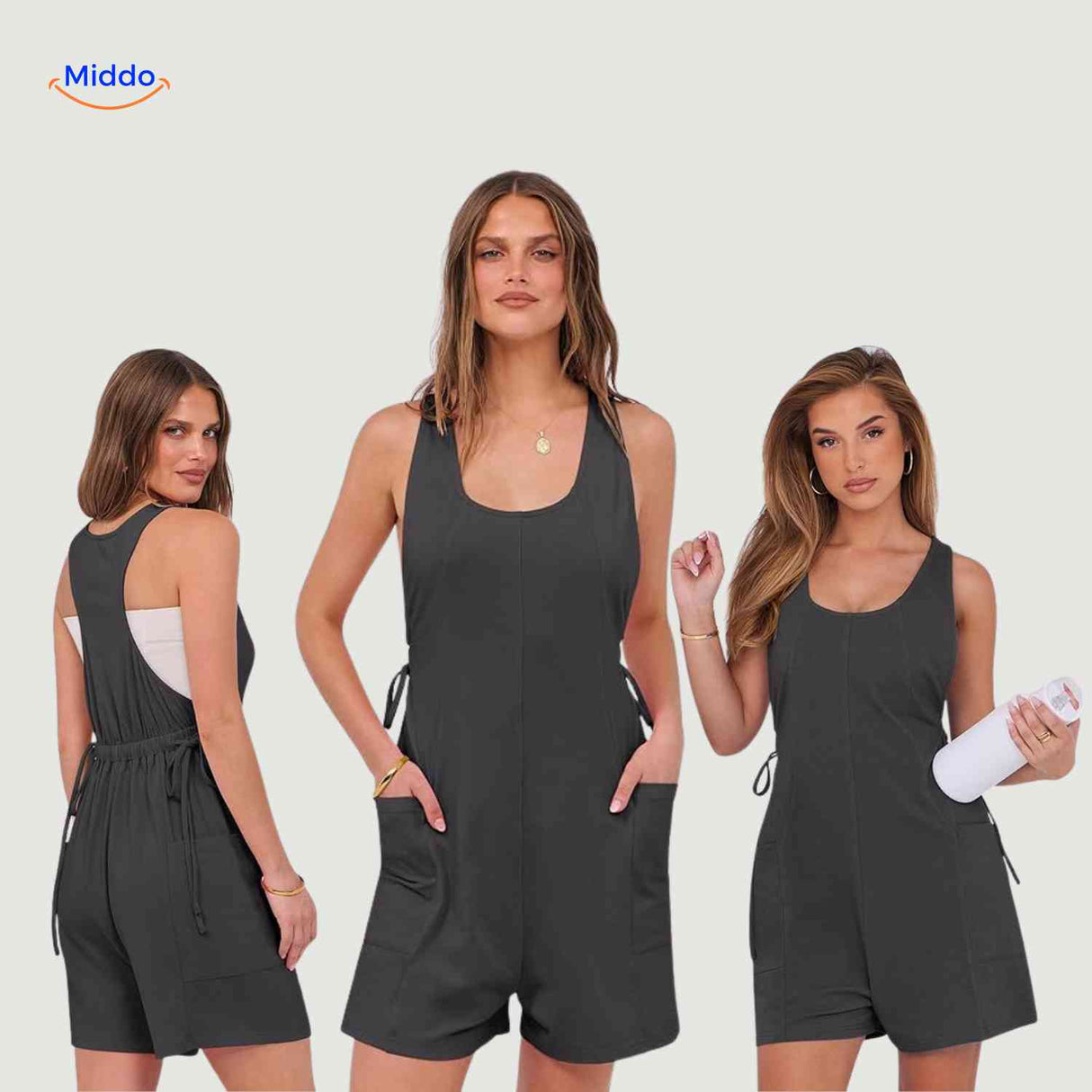 summiva jumpsuit grijs casual comfort met taillekoord en opbergzakken www.middo.nl