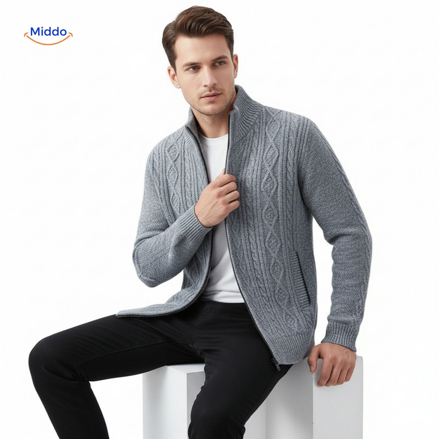 thermoknit vest heren zittende houding grijs open www.middo.nl