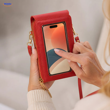 Telefoon bedienen via het transparante venster van de rode TouchScreenGo tas