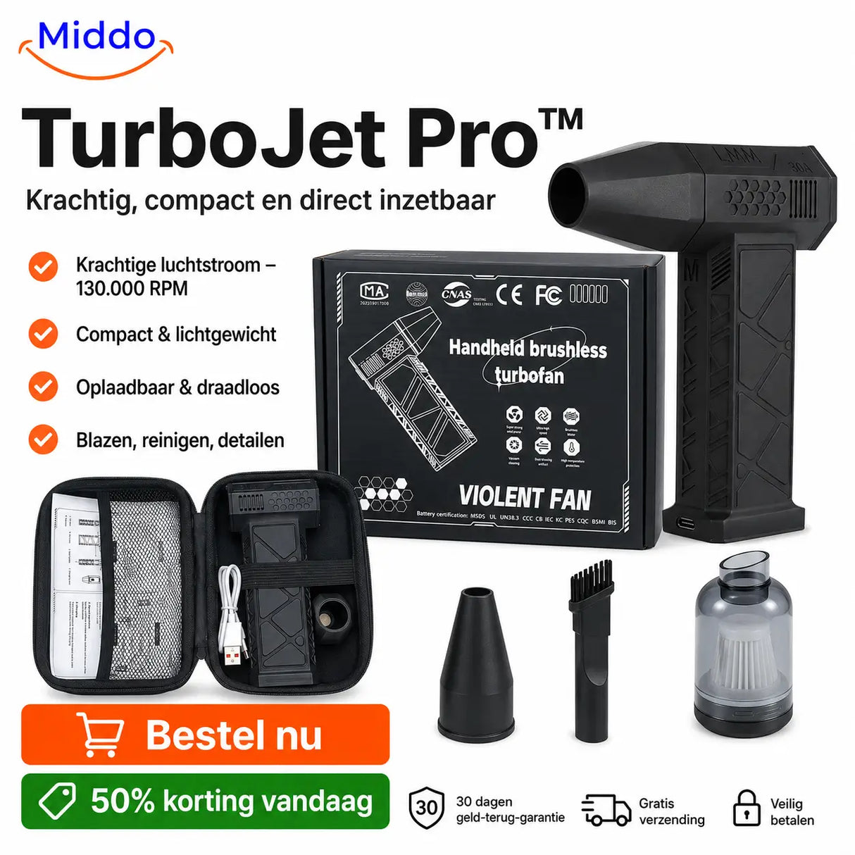 TurboJet Pro™ – Krachtige Luchtblazer (130.000 RPM) voor Stof, Auto, BBQ, Werkplaats en meer!