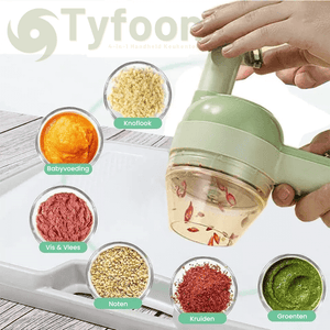 Handheld keukentool met verschillende ingrediënten zoals knoflook, babyvoeding, kruiden.