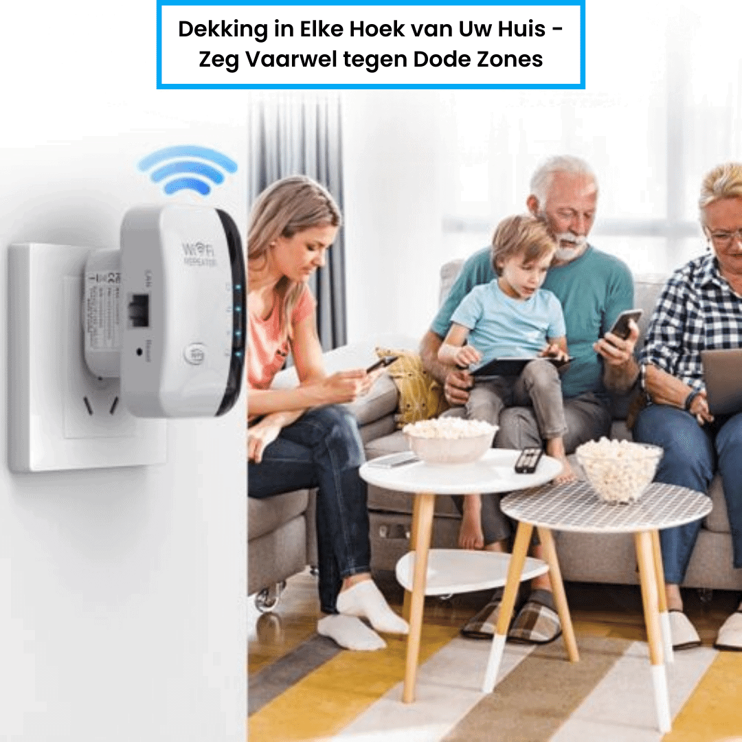 WiFi-repeater met gezin, biedt sterke verbinding door hele huis